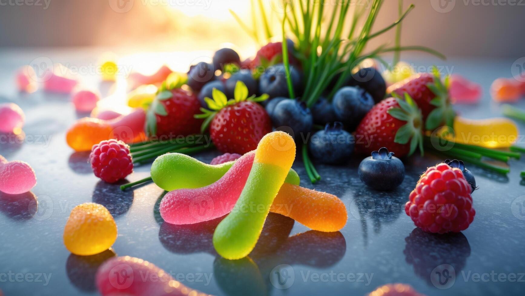 Colorful gummy candies arranged with fresh berries and green grass on a reflective surface at sunset photo