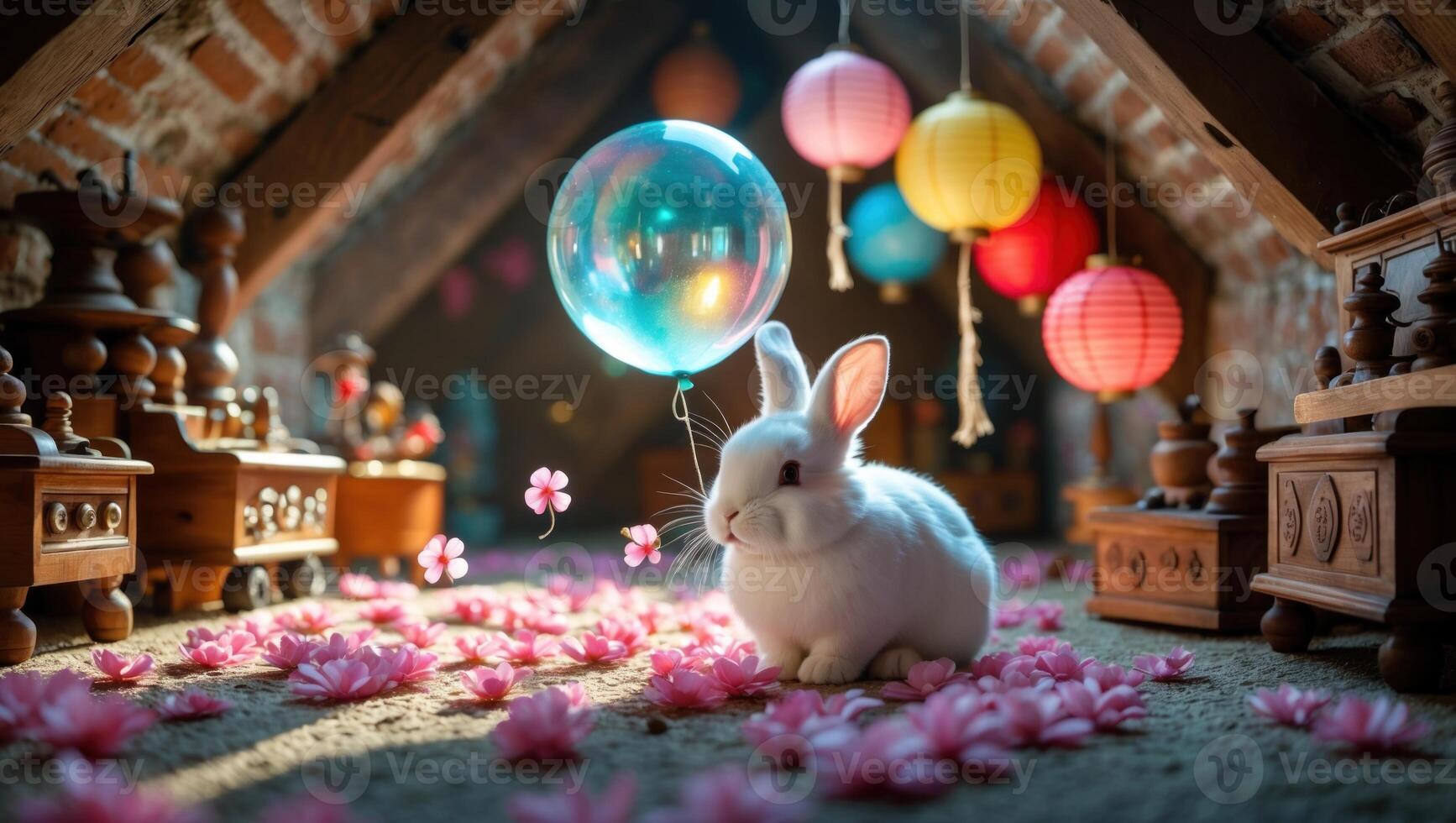 A playful rabbit in an attic surrounded by colorful lanterns and flower petals, creating a whimsical scene photo