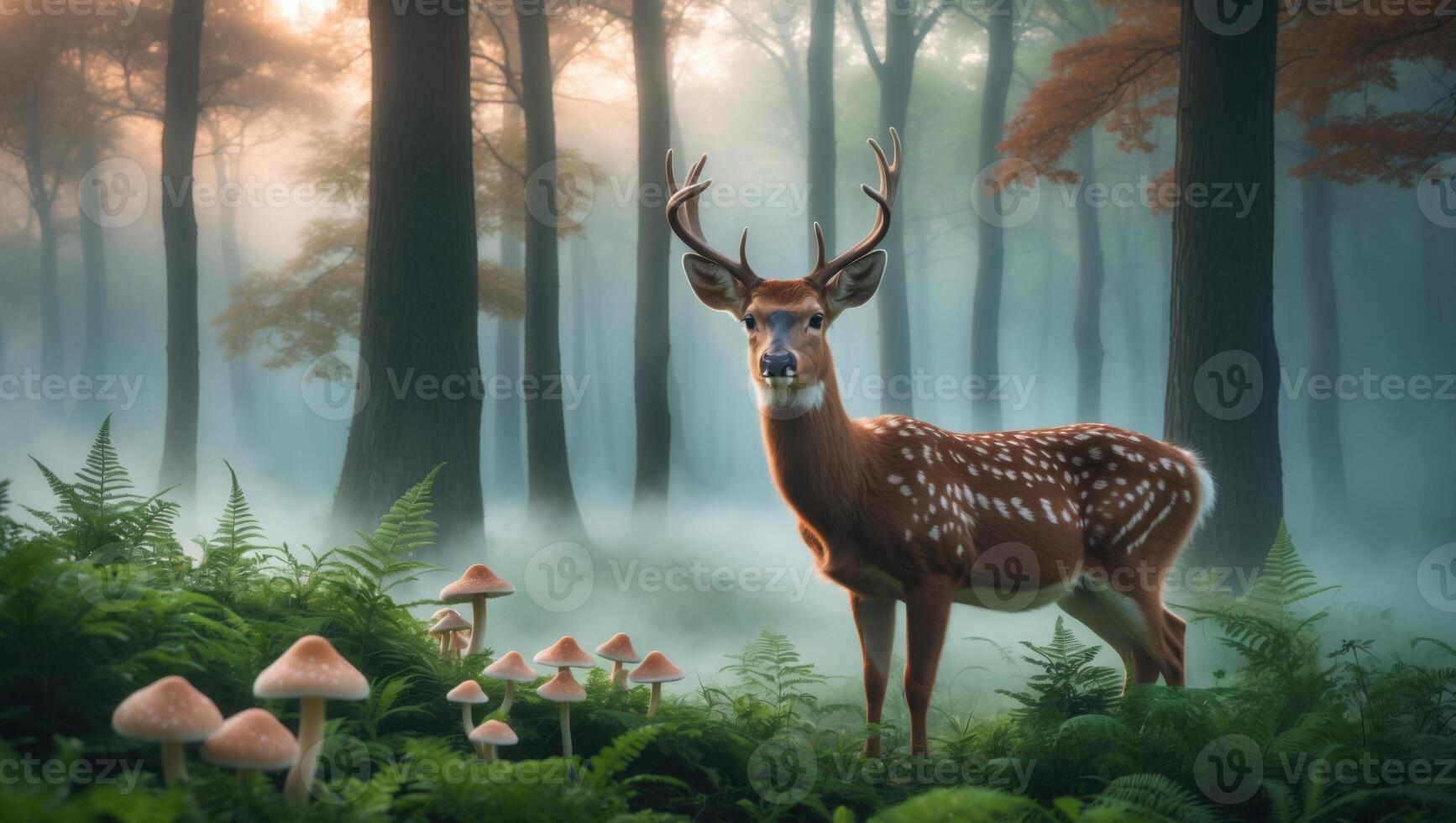 Majestic deer standing amidst lush ferns and mushrooms in a misty forest at dawn photo