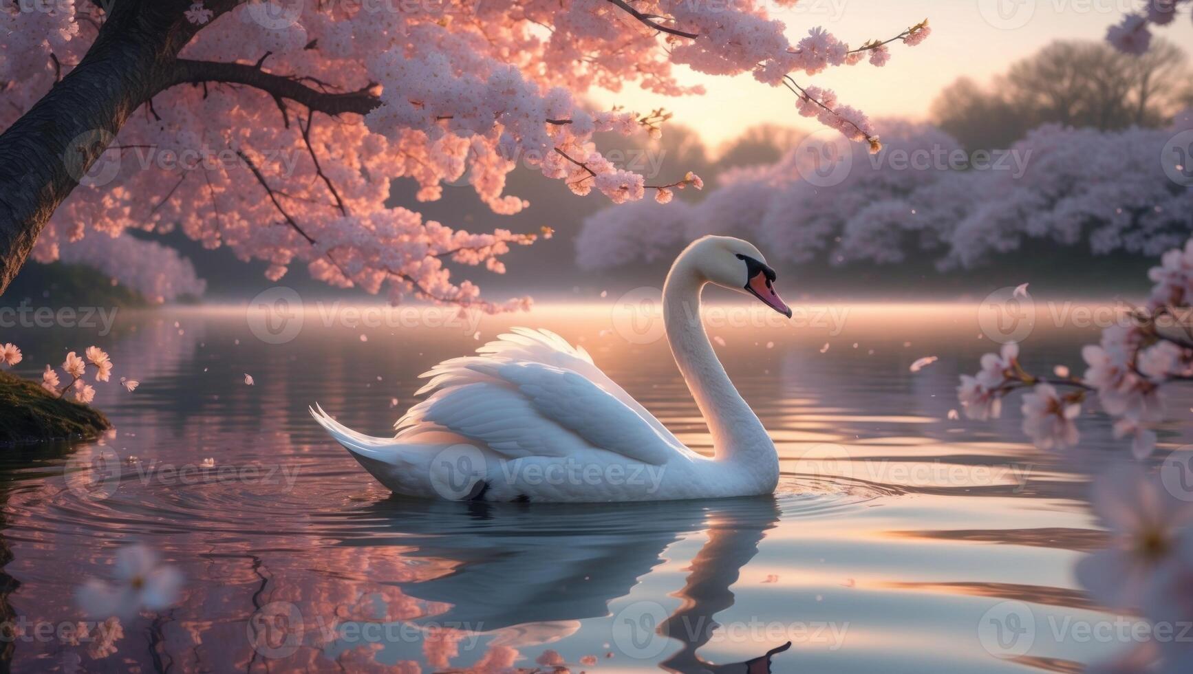 Elegant swan gliding on tranquil lake surrounded by cherry blossoms at sunrise photo