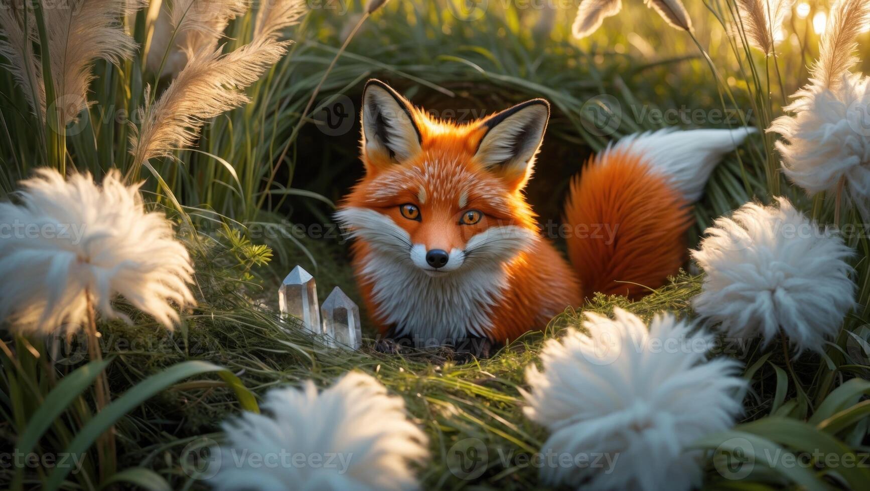 A vibrant orange fox sitting amidst fluffy white flowers and green grass in a serene natural setting photo