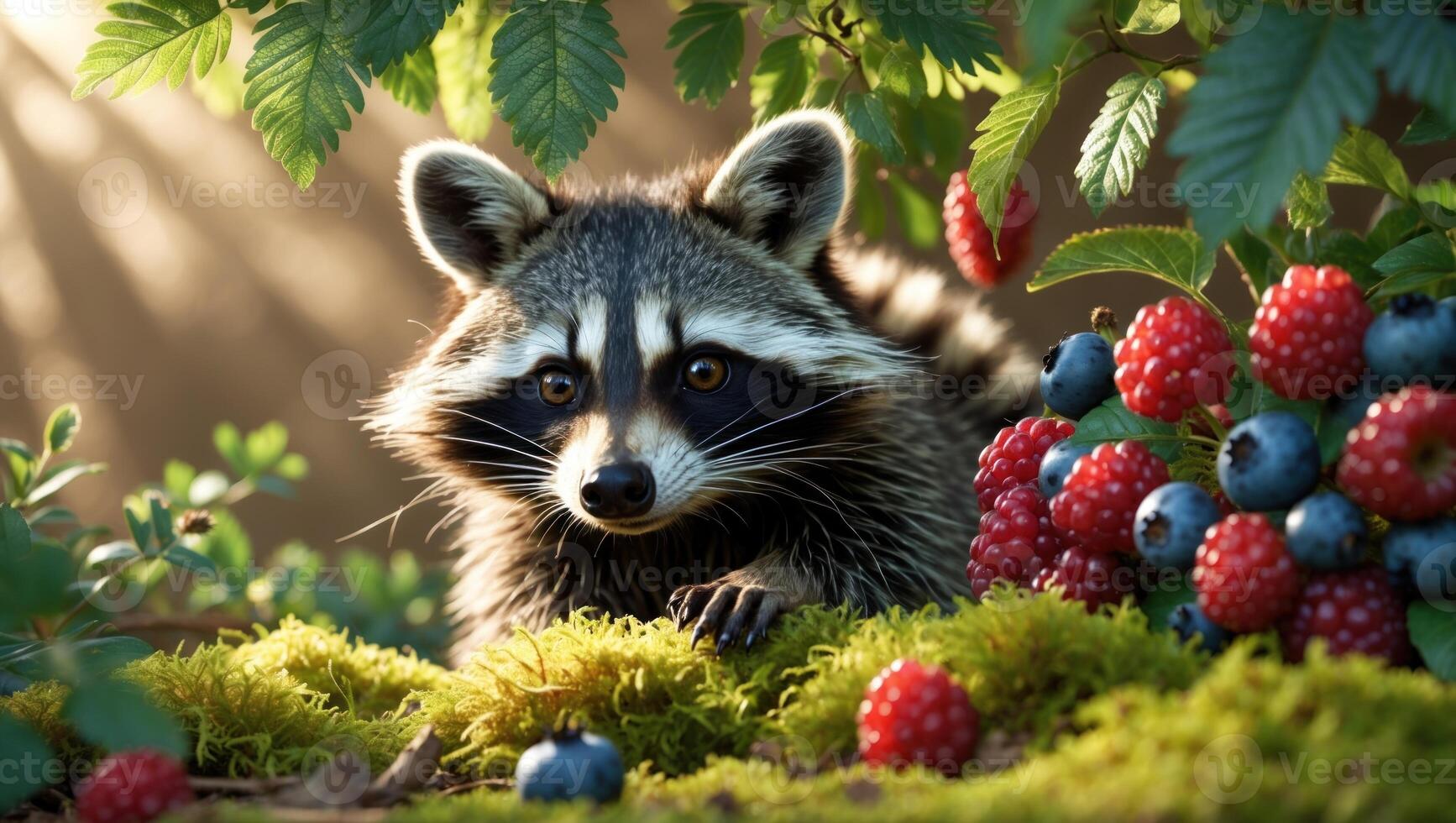 A curious raccoon peering through lush greenery, surrounded by vibrant berries in a serene setting photo