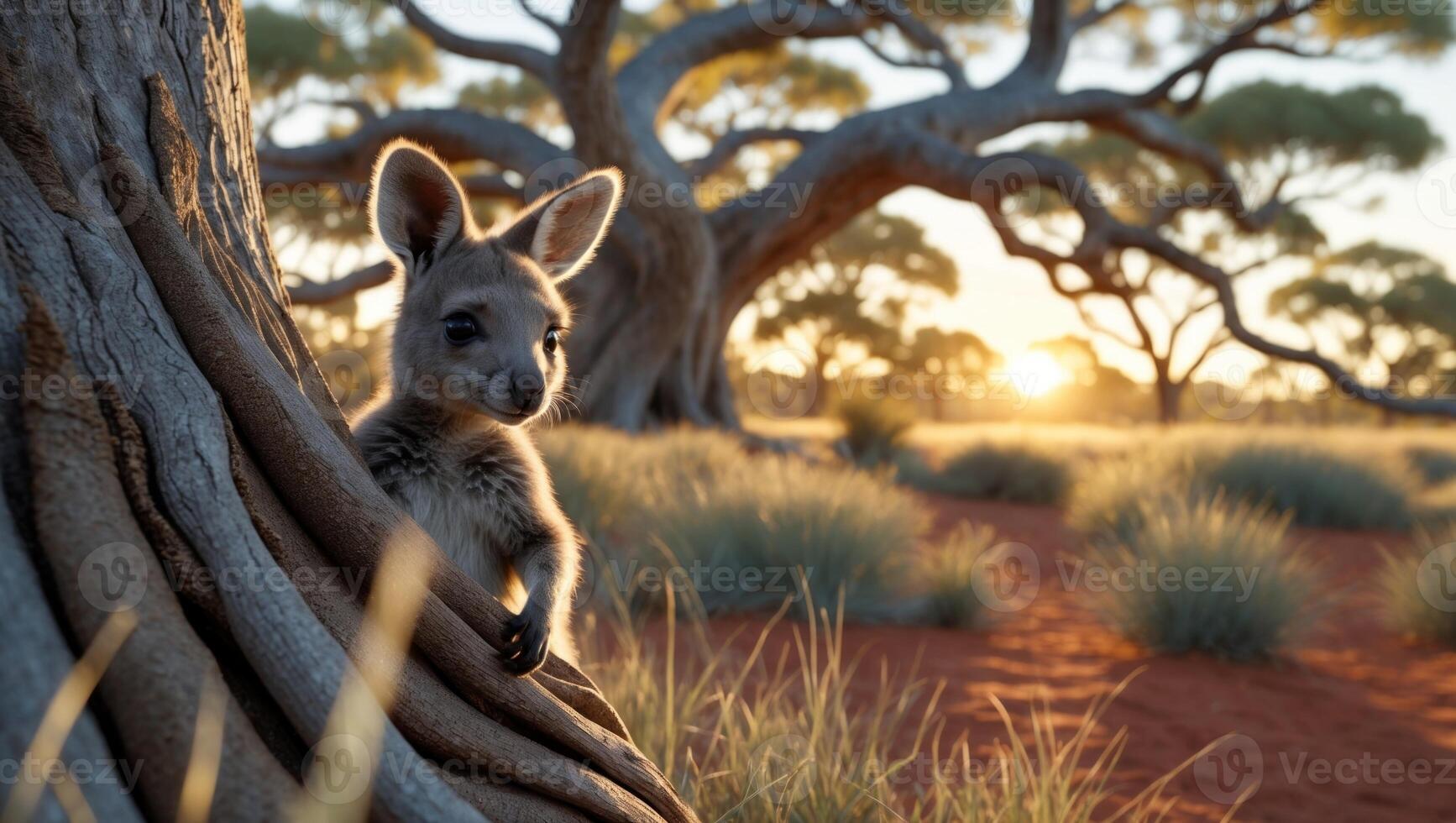 Young kangaroo peeking from a tree trunk at sunset in the Australian outback, surrounded by grass photo