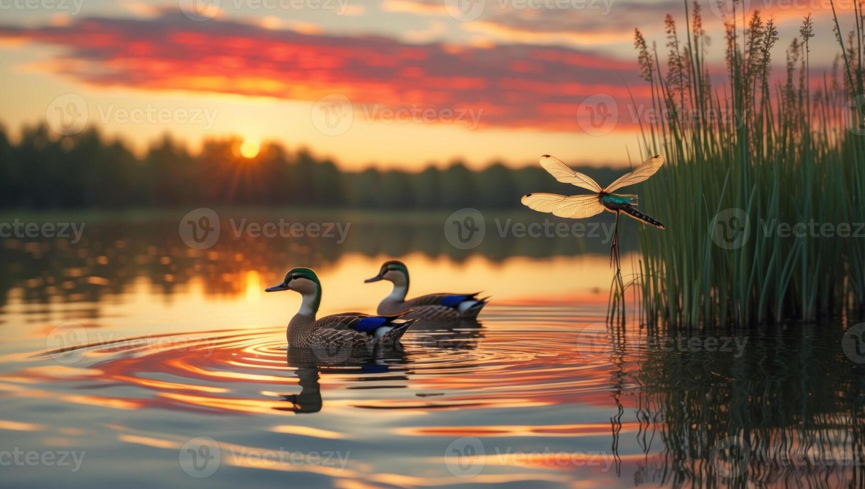 Serene sunset over a tranquil lake with ducks swimming and a dragonfly hovering above photo