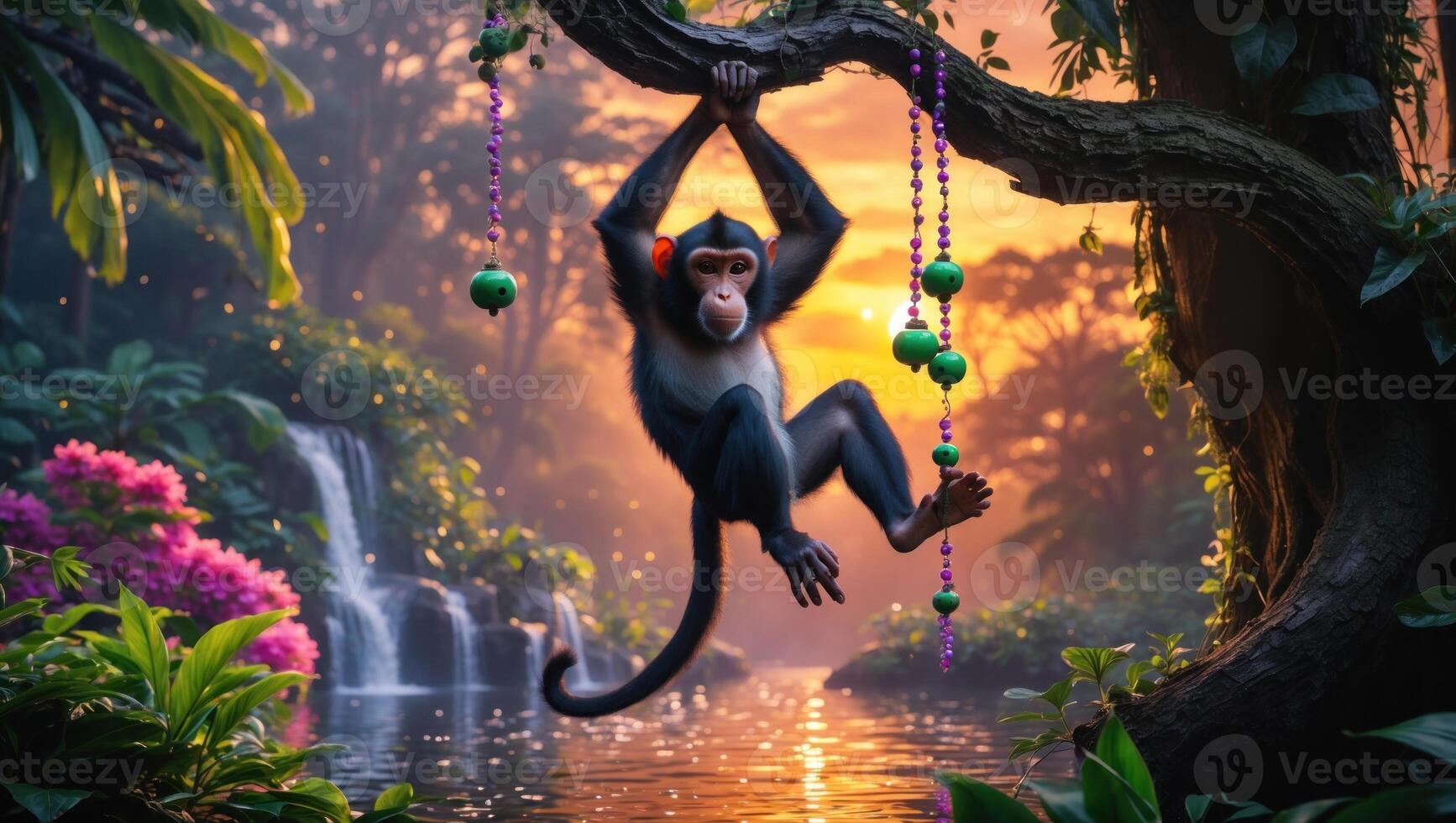 A playful monkey swings from a tree branch in a vibrant jungle at sunset, surrounded by lush flora photo