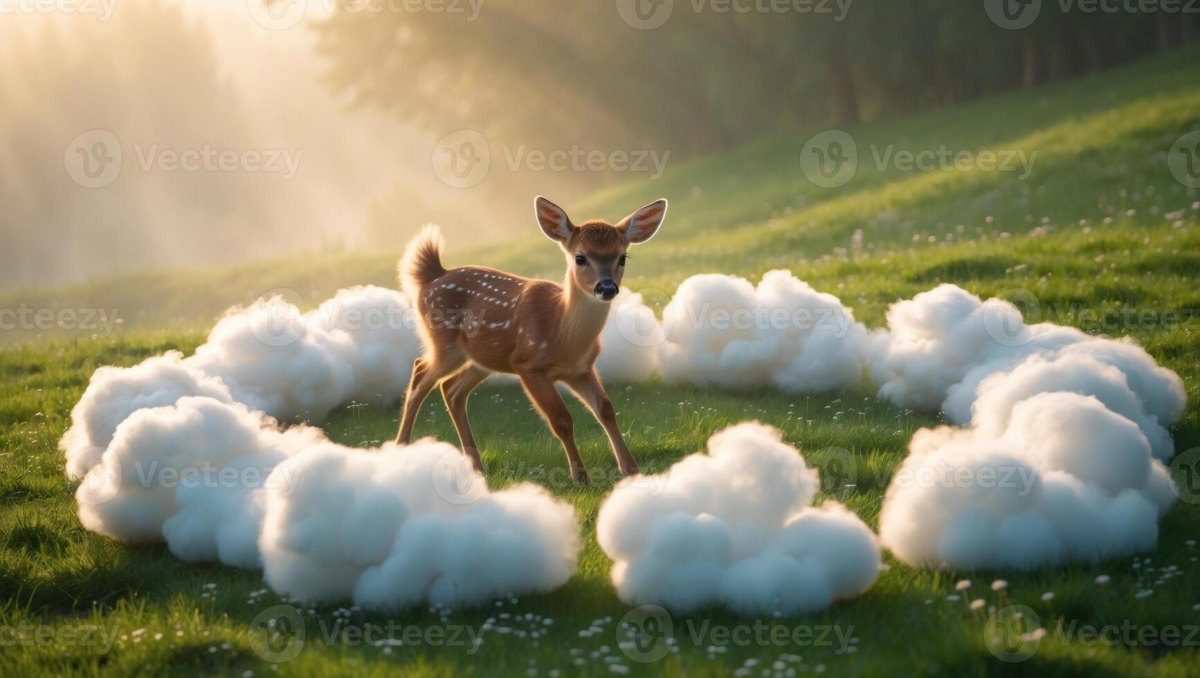 A fawn standing amidst fluffy clouds in a sunlit meadow, surrounded by lush greenery and soft light photo