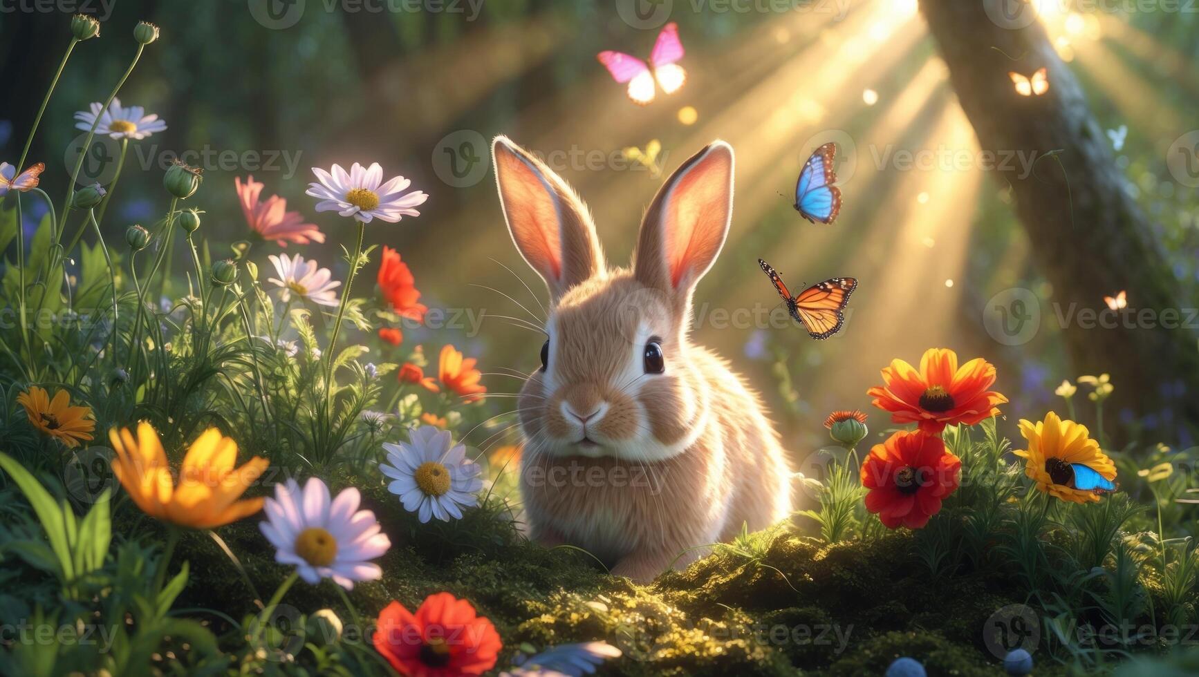 A serene rabbit surrounded by colorful flowers and butterflies in a sunlit forest clearing photo