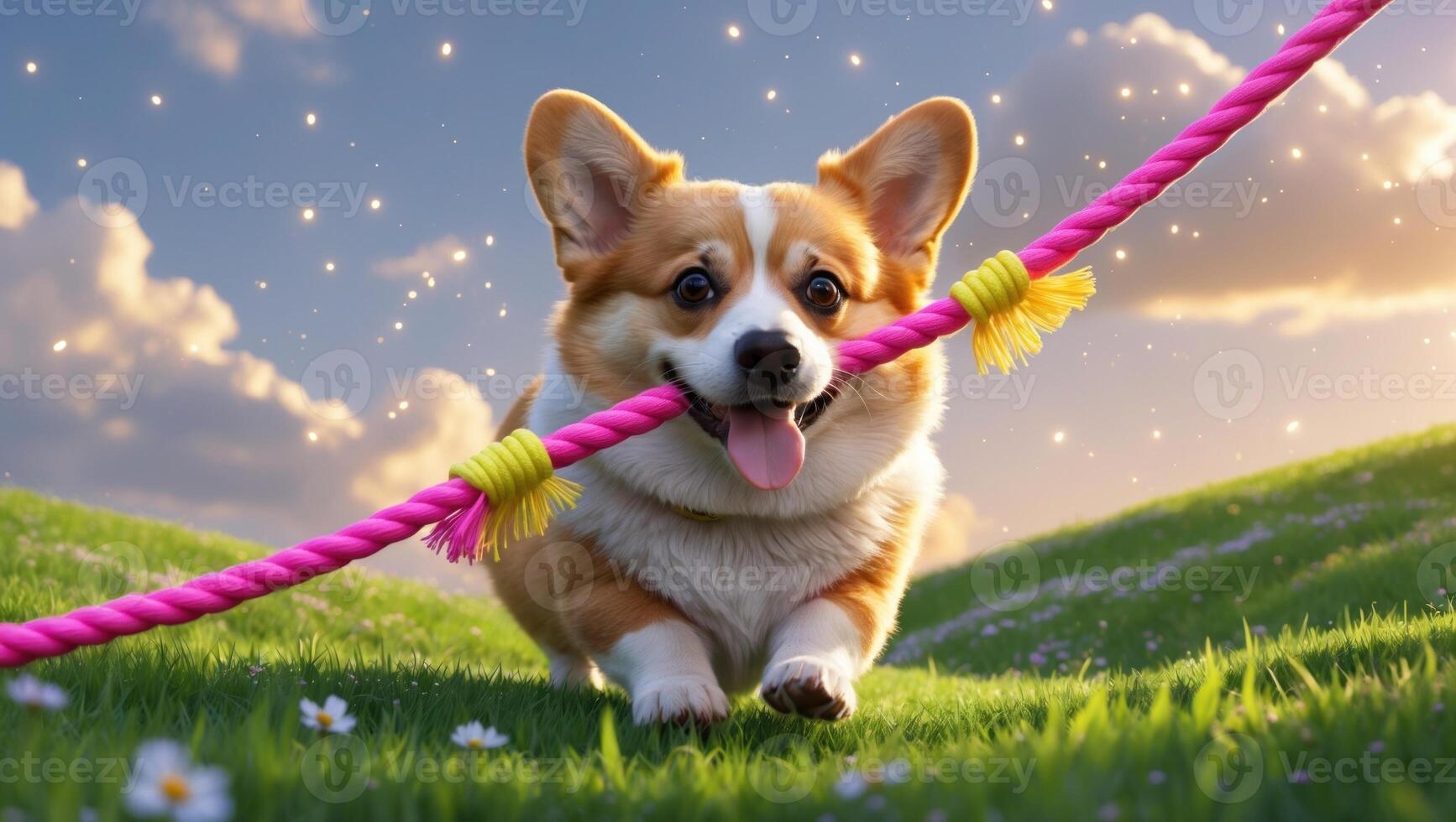 Playful corgi joyfully running across a vibrant green field, holding a colorful rope toy in its mouth photo