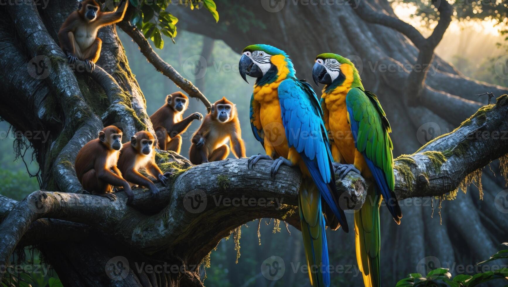 Vibrant scene of two macaws perched on a tree branch, surrounded by playful monkeys in a lush forest photo