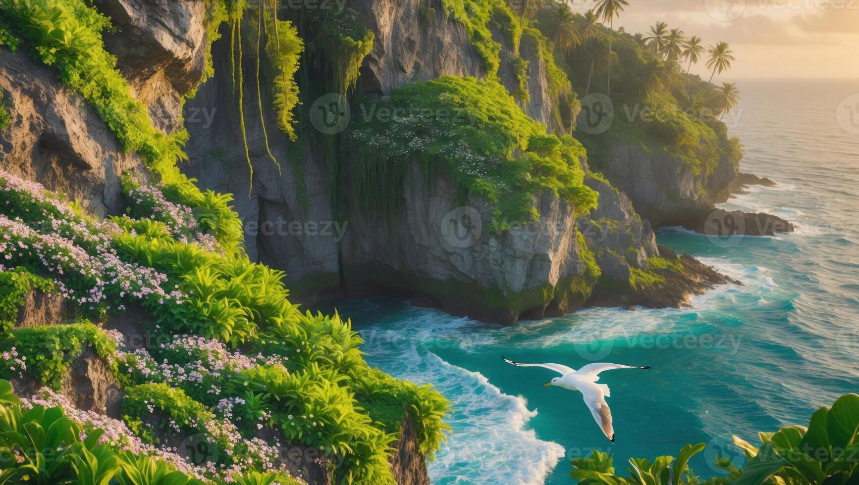 A serene coastal scene showcasing a bird in flight over lush cliffs and vibrant greenery by the ocean photo