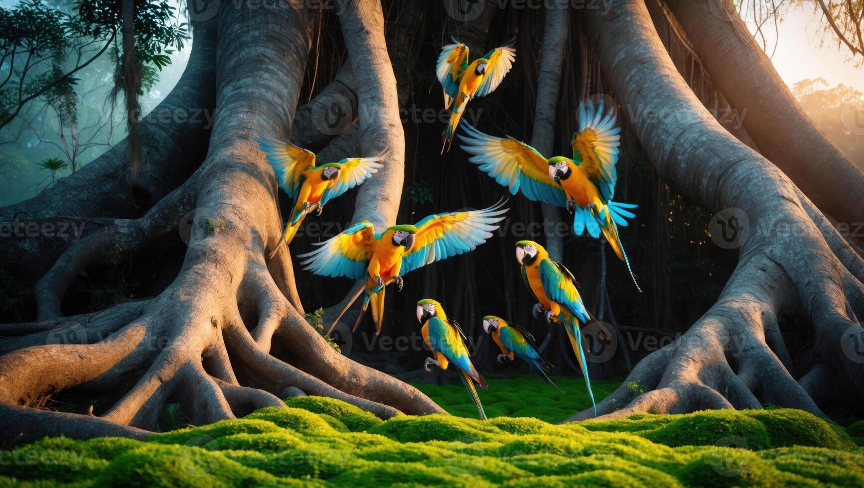 Colorful macaws flying around a large ancient tree with roots, lush green moss, and soft sunlight photo