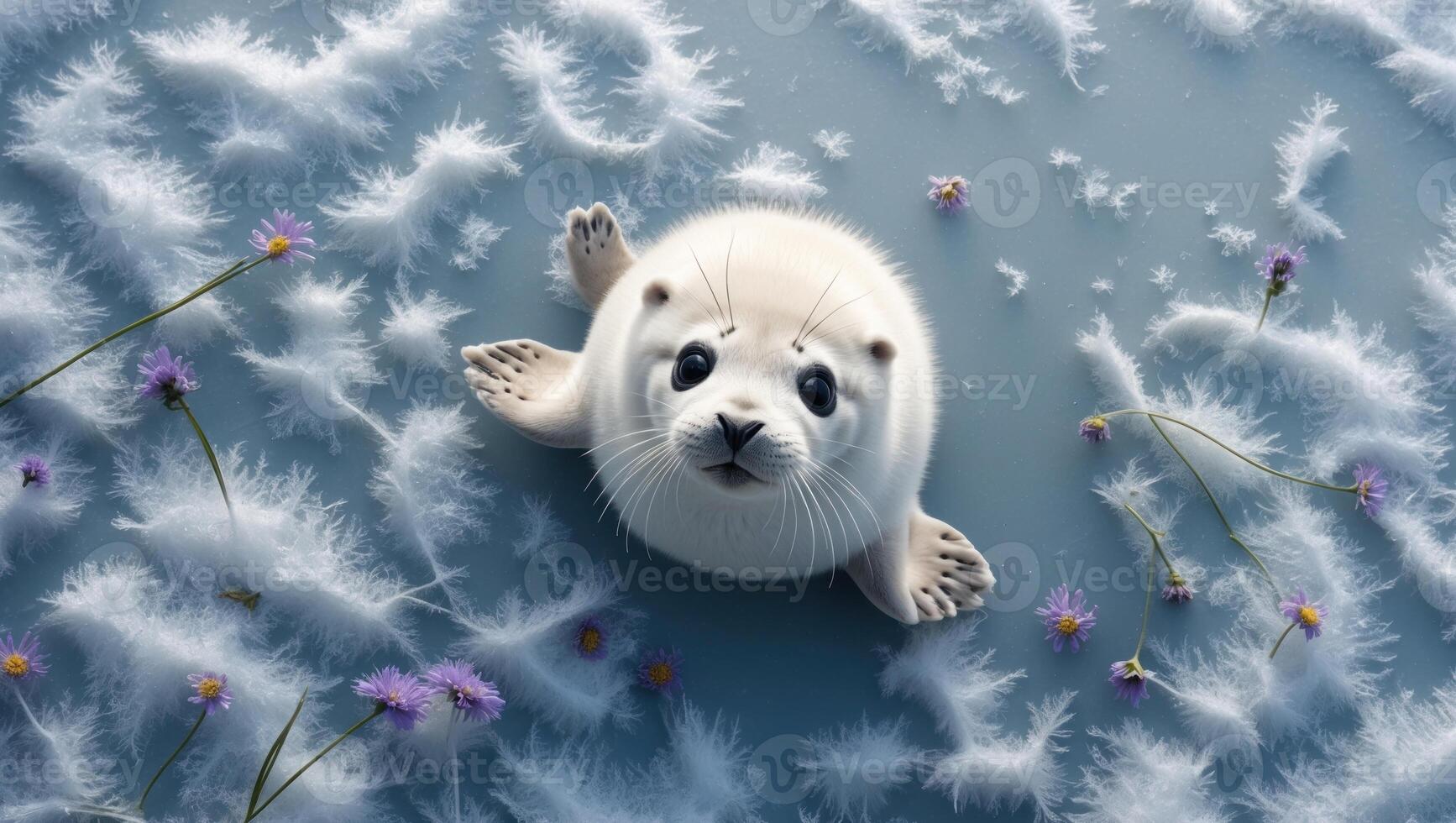 Adorable baby seal resting on soft snow with delicate flowers in the background, evoking tranquility photo