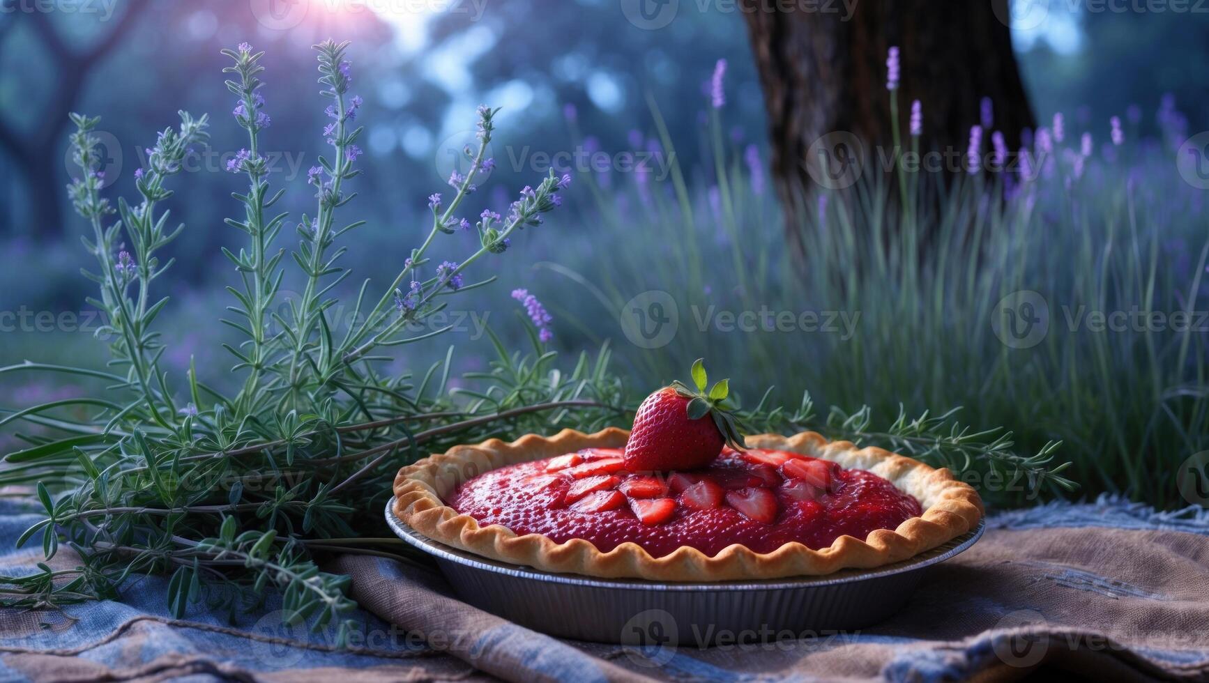Fresh strawberry pie displayed on a rustic cloth amidst blooming lavender in a serene outdoor setting photo