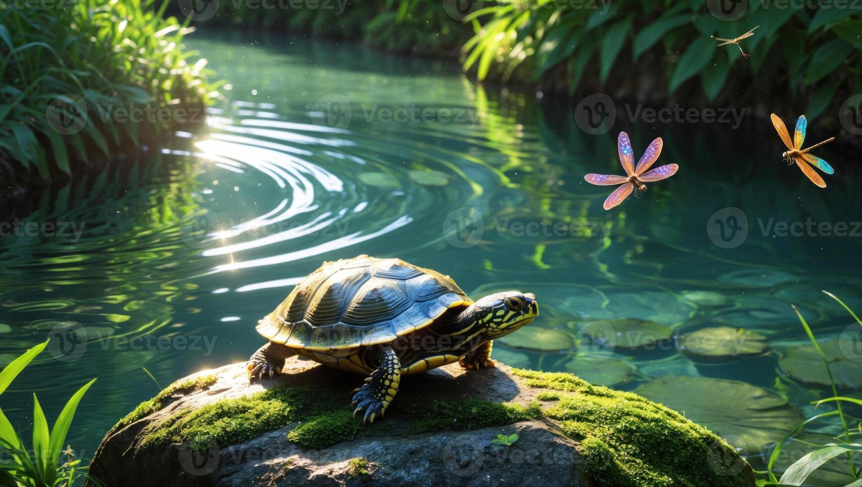 A serene turtle basking on a moss-covered rock by a tranquil stream surrounded by lush greenery photo