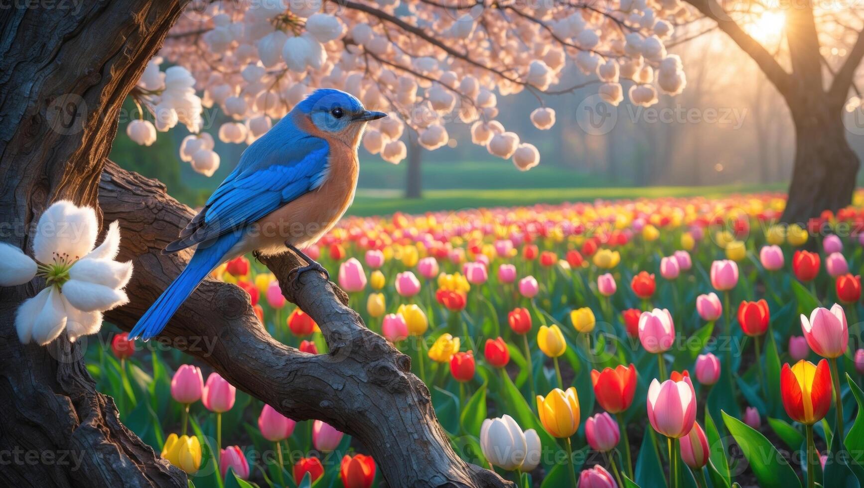 A vibrant bluebird perched on a branch amidst blooming tulips and cherry blossoms in a sunny park photo