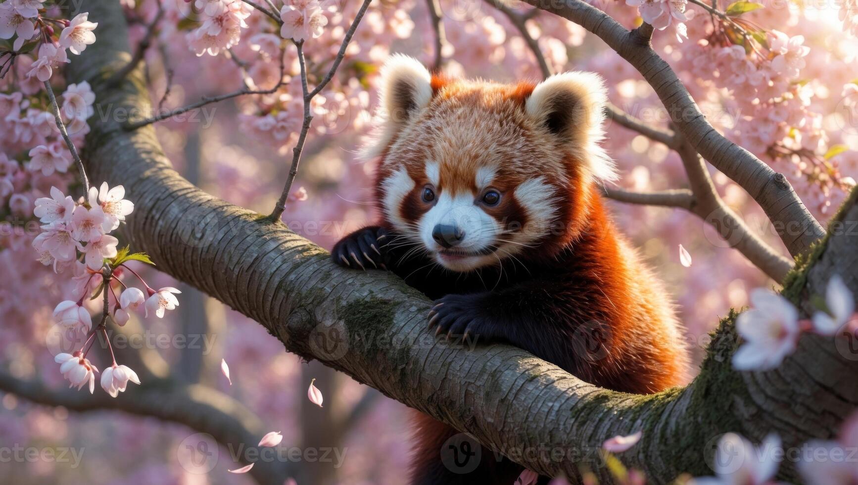 Red panda perched on a branch amidst blooming cherry blossoms, enjoying a serene spring day photo