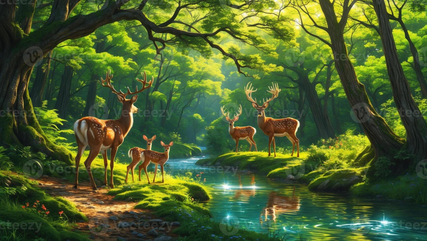Serene forest scene with deer by a sparkling stream, surrounded by lush greenery and sunlight photo