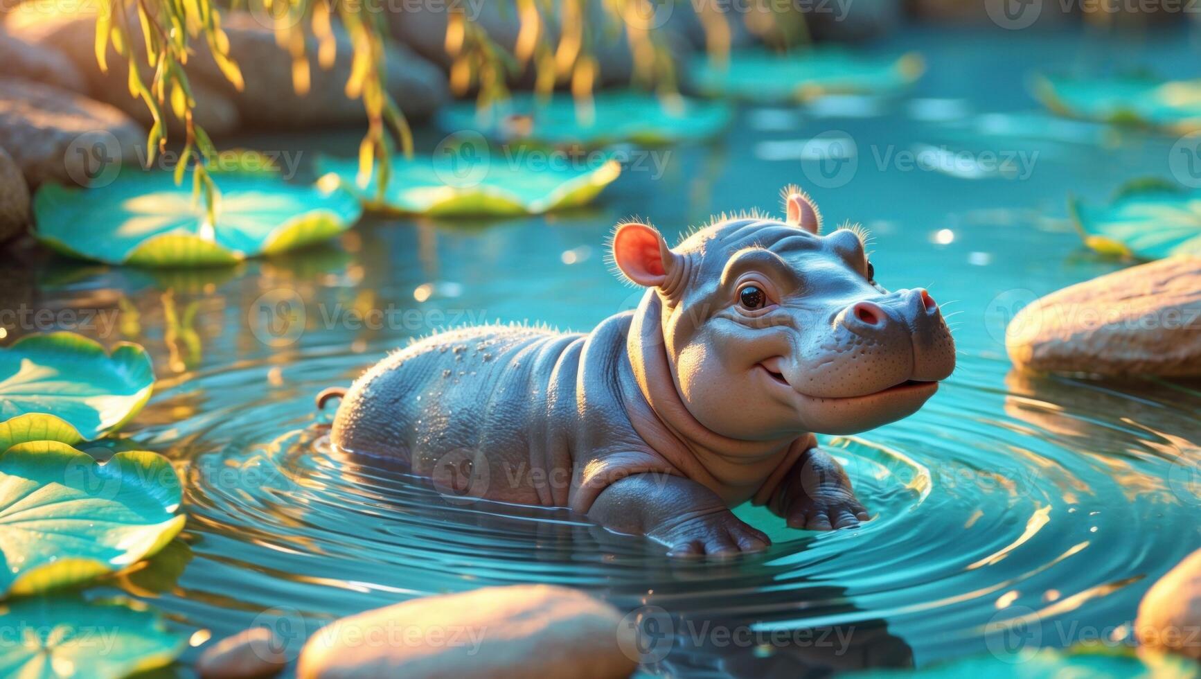Cute baby hippo swimming in a serene pond surrounded by lily pads and rocks, reflecting sunlight photo
