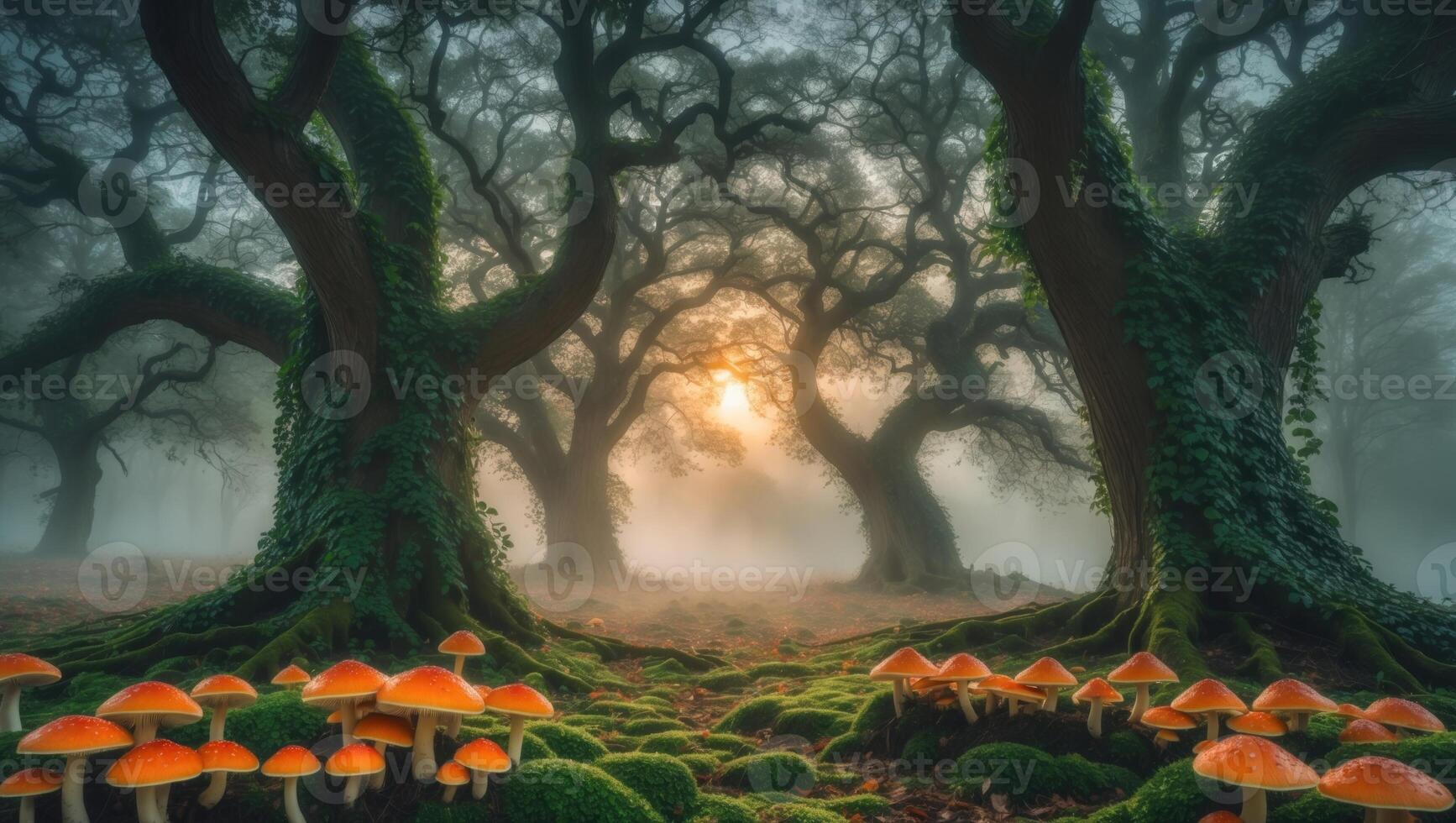 Enchanted forest scene with vibrant mushrooms and misty trees at sunrise, evoking a magical atmosphere photo