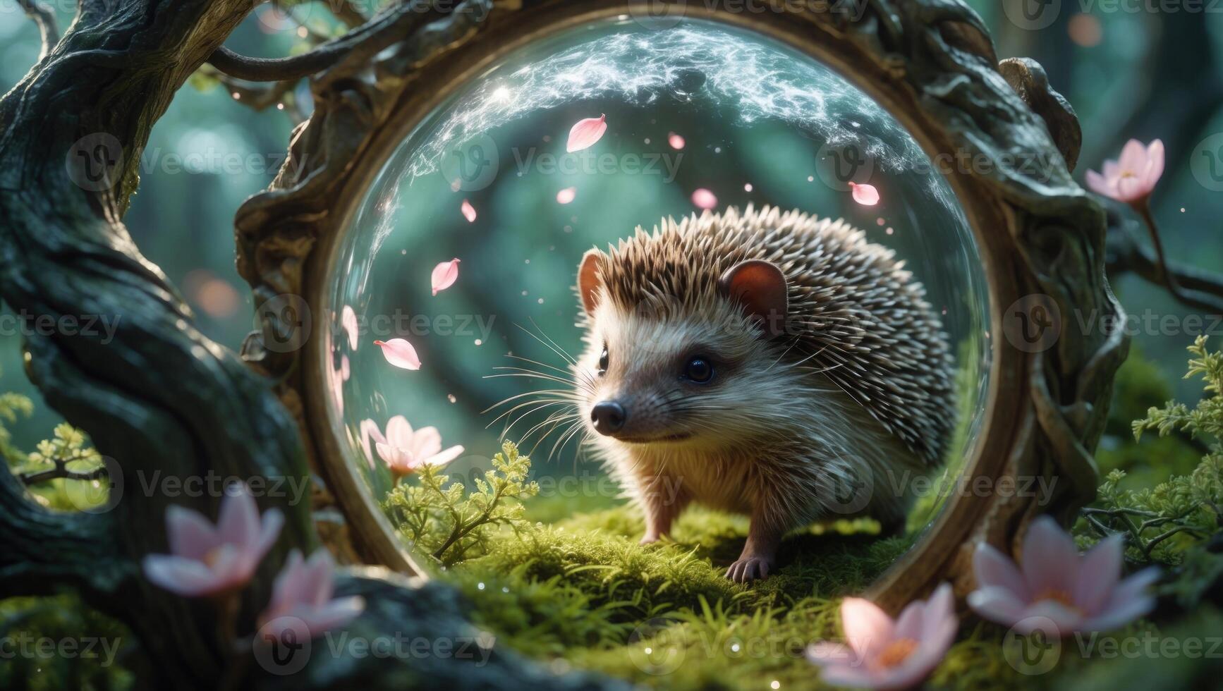 A hedgehog exploring a mystical forest through a circular portal surrounded by blooming flowers photo