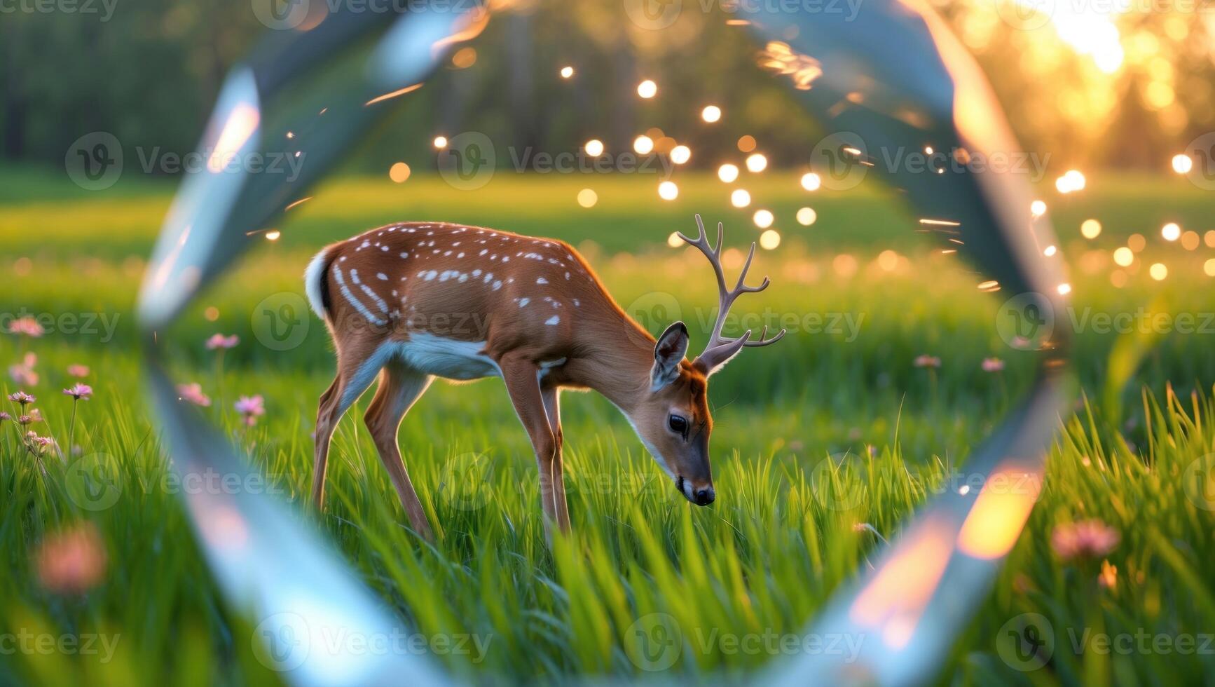 A serene deer grazes in a lush green field framed by a reflective object, with soft sunlight filtering through photo