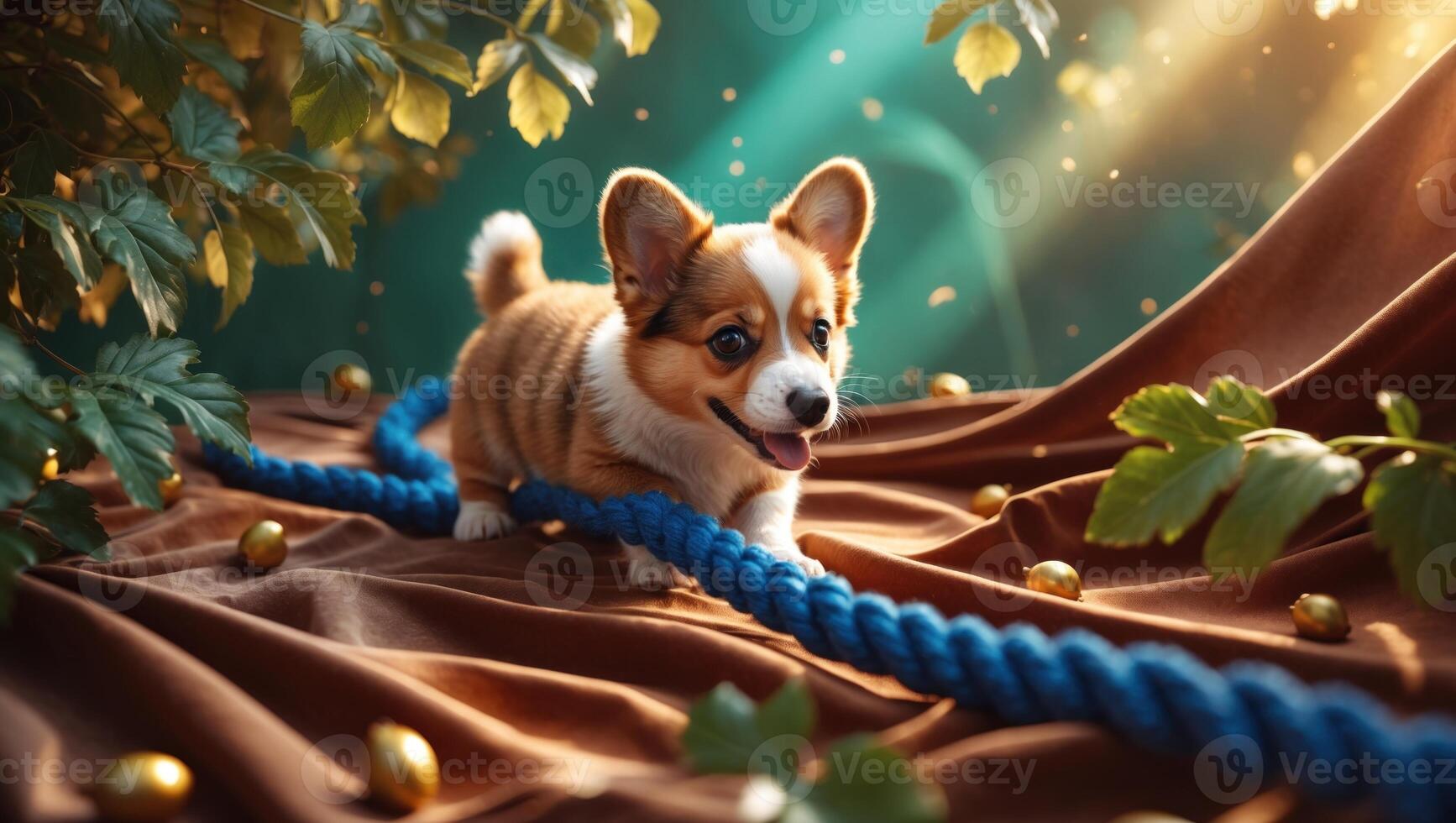 Playful corgi puppy walks on a blue rope amidst lush green leaves and golden accents, capturing joy photo