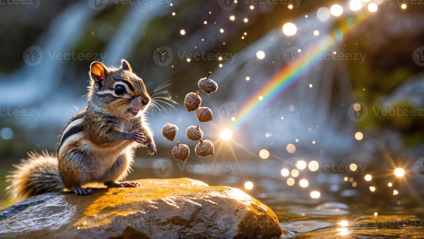 Cute chipmunk holding acorns by a sparkling stream, with a rainbow and sunlight in the background photo