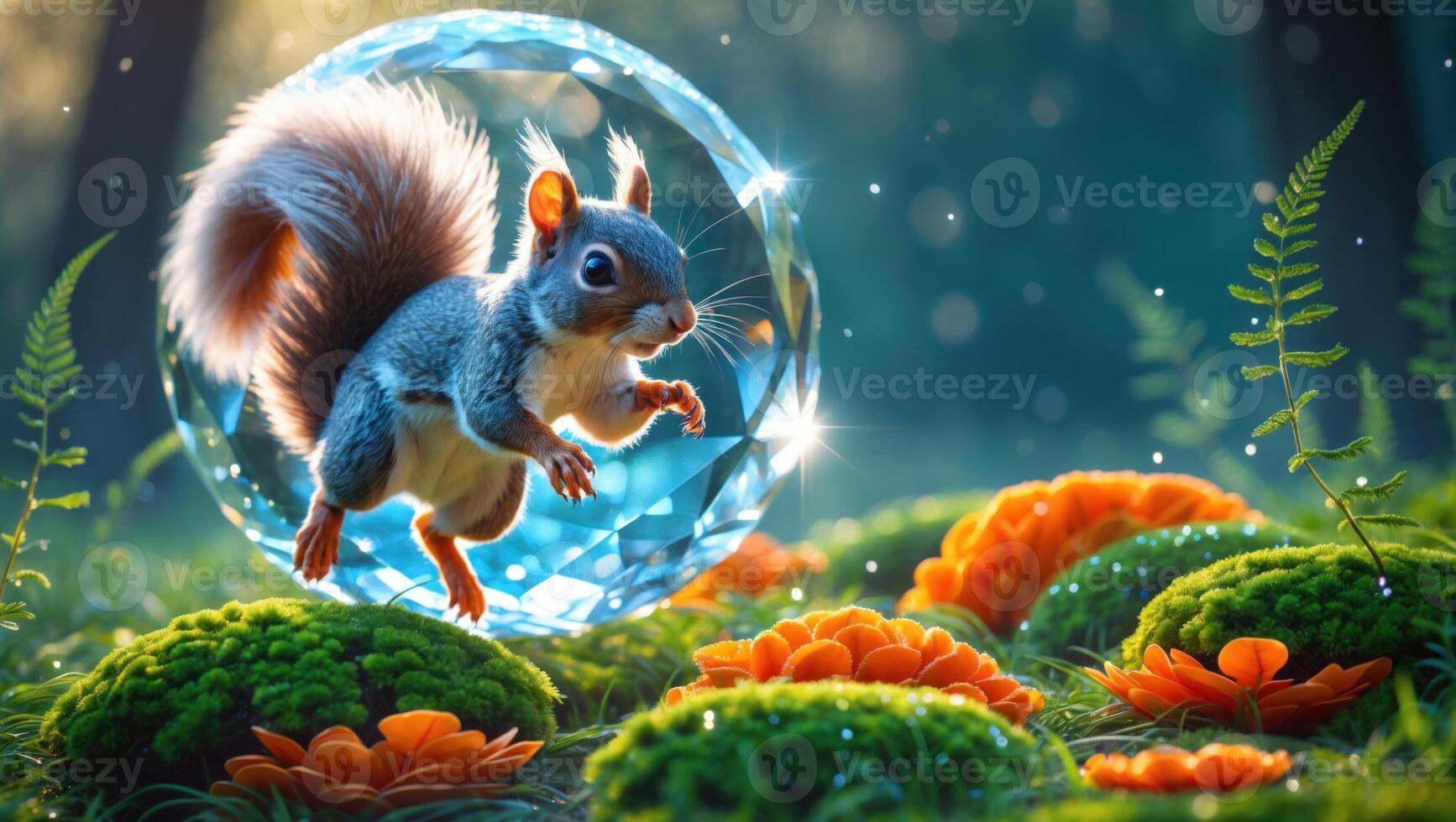 A playful squirrel leaps through a sparkling crystal orb surrounded by vibrant flowers in a serene forest photo