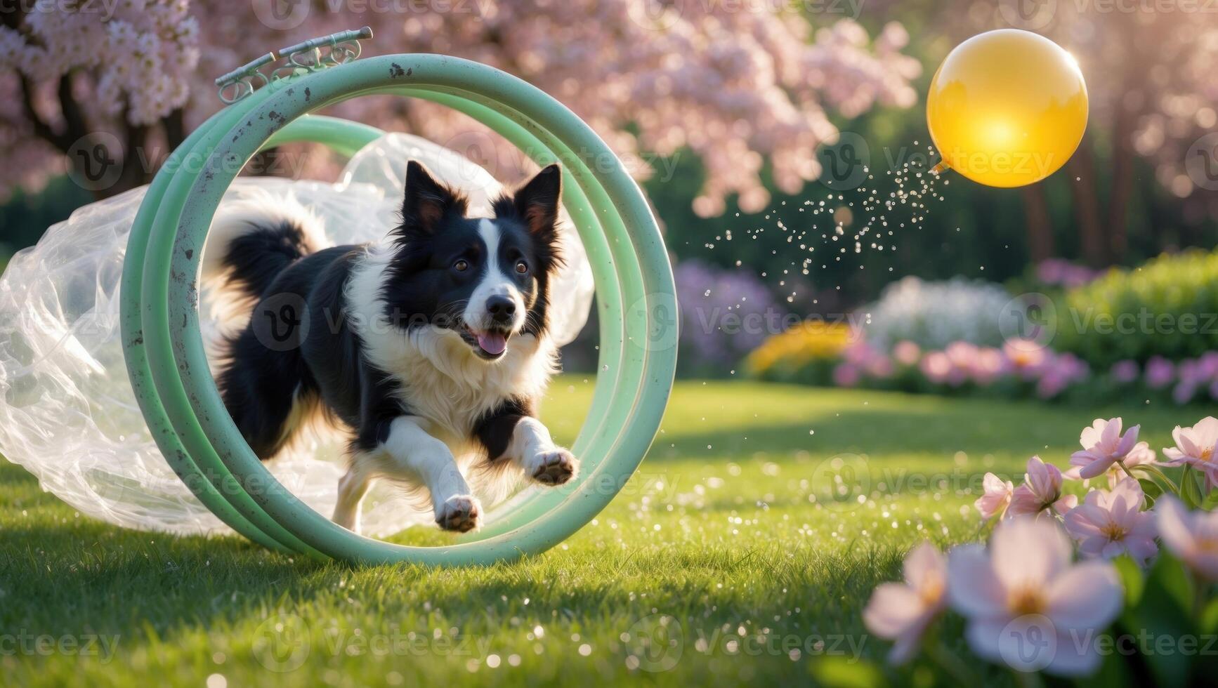 Playful border collie jumping through a hoop in a vibrant garden filled with blooming flowers photo
