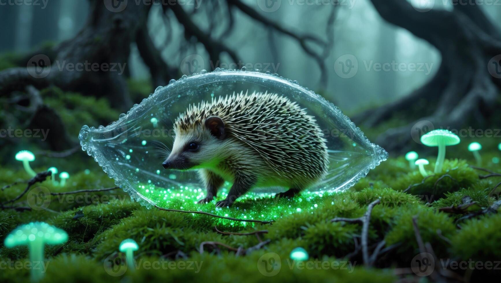 A hedgehog encased in a shimmering bubble in a mystical forest with glowing mushrooms and fog photo