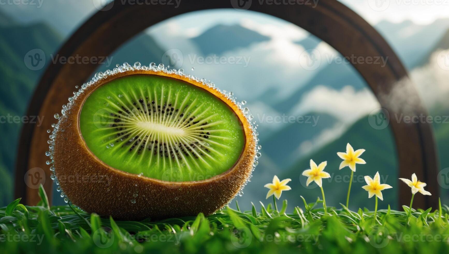 A vibrant kiwi slice adorned with dew drops sits on lush grass, framed by mountains and flowers photo
