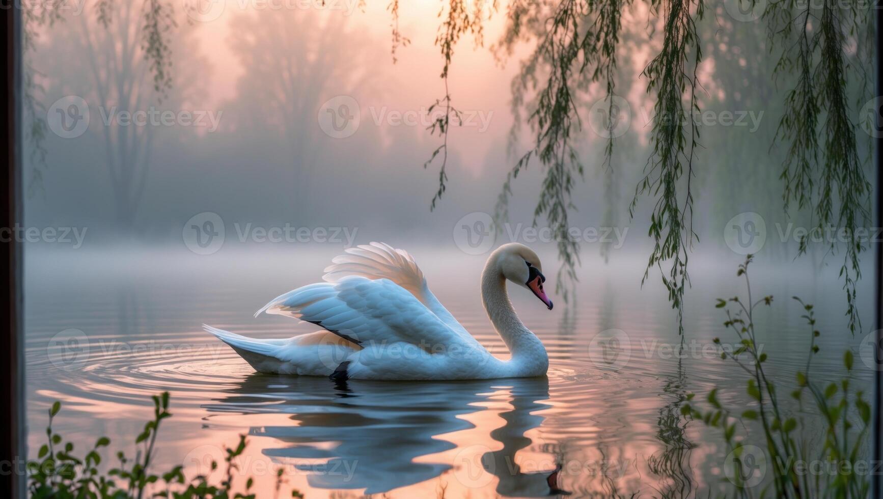 Serene swan gliding on a misty lake at dawn, surrounded by willow trees and soft reflections photo