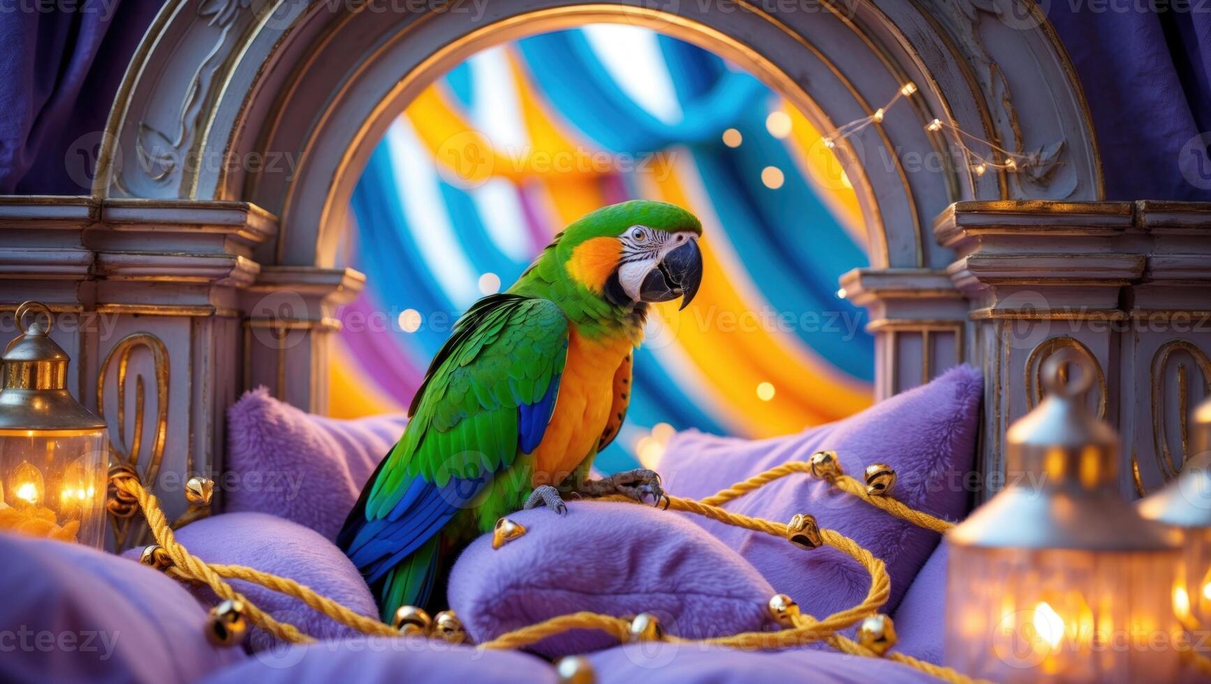 Colorful parrot perched on plush pillows in a whimsical setting with decorative lights and vibrant backdrop photo