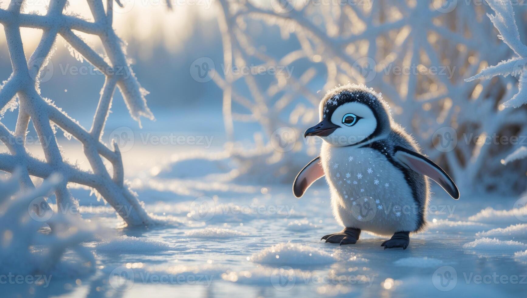 Cute penguin chick waddling on icy surface surrounded by frosty branches in a serene winter landscape photo