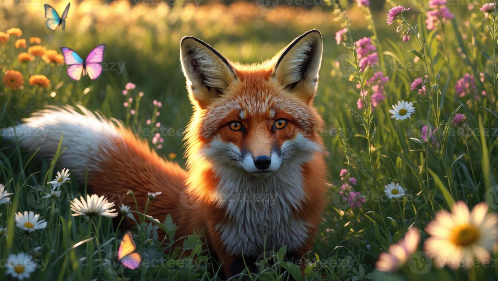 A vibrant red fox standing amidst colorful wildflowers and butterflies in a sunlit meadow photo