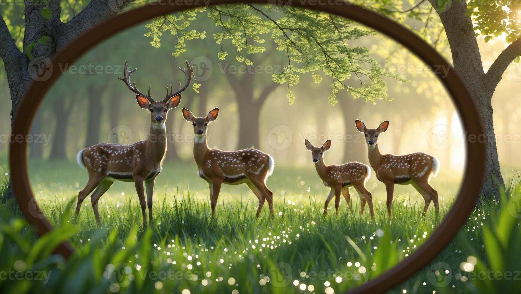 A serene scene featuring a group of deer in a sunlit forest, framed by an oval mirror, showcasing nature photo
