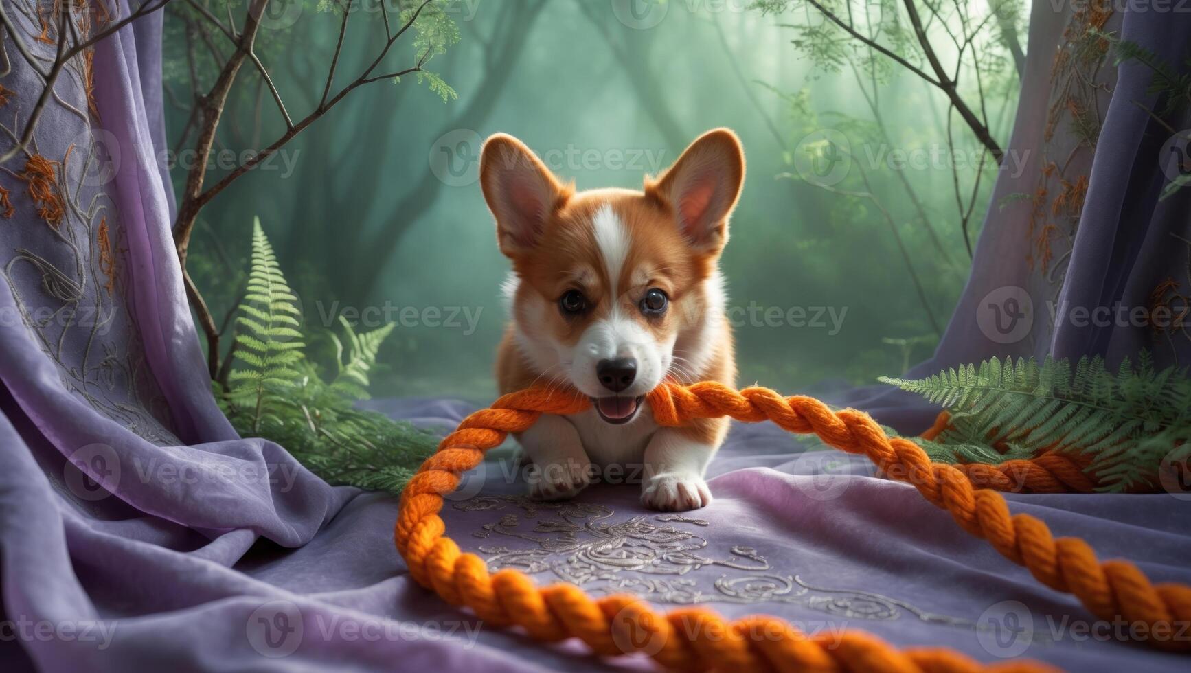 Playful corgi puppy chewing on an orange rope toy in a lush, green forest setting with soft light photo