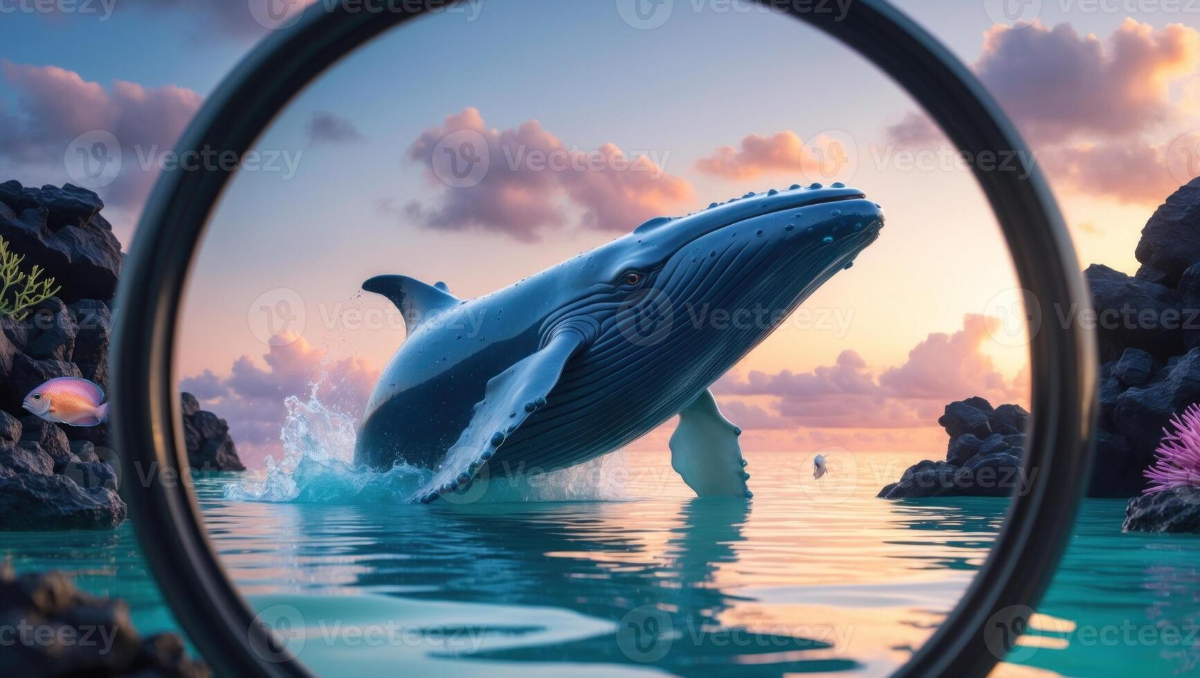 Majestic whale breaching the surface of tranquil waters, framed by rocky shores and colorful corals photo