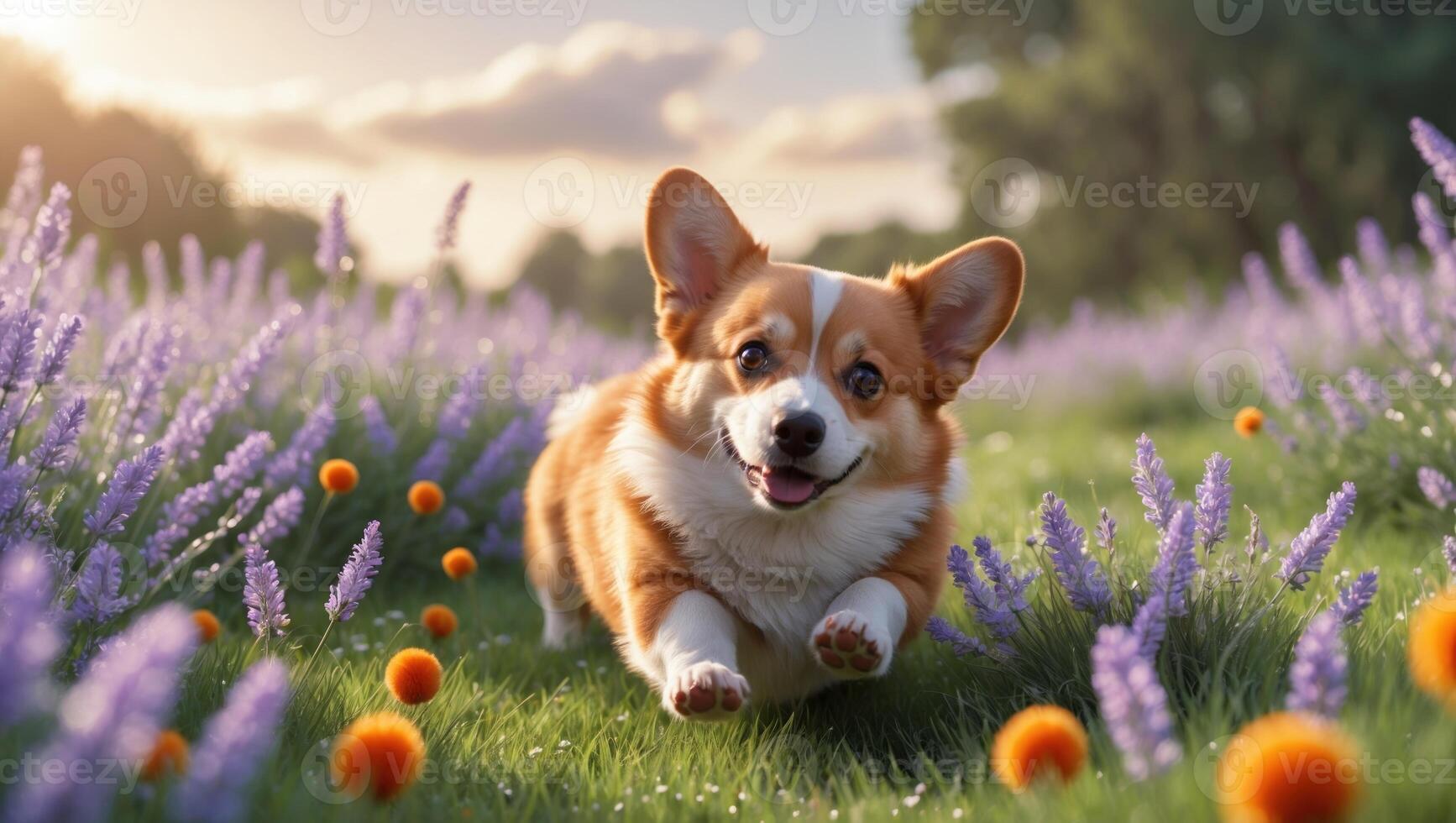 Playful corgi running through a vibrant lavender field under a sunny sky with fluffy clouds photo
