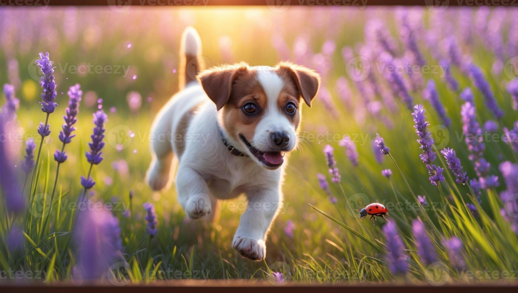 Playful puppy running through a field of lavender flowers with a ladybug in the foreground photo