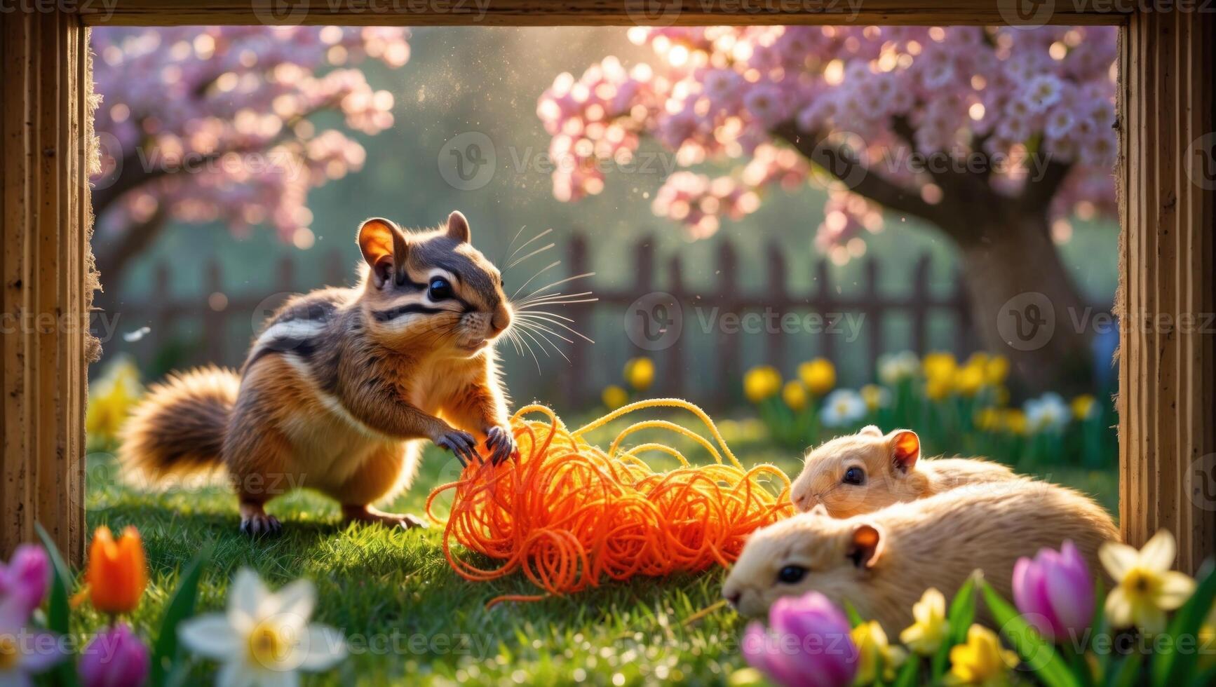 A playful squirrel interacts with colorful yarn while two small animals observe in a blooming garden photo