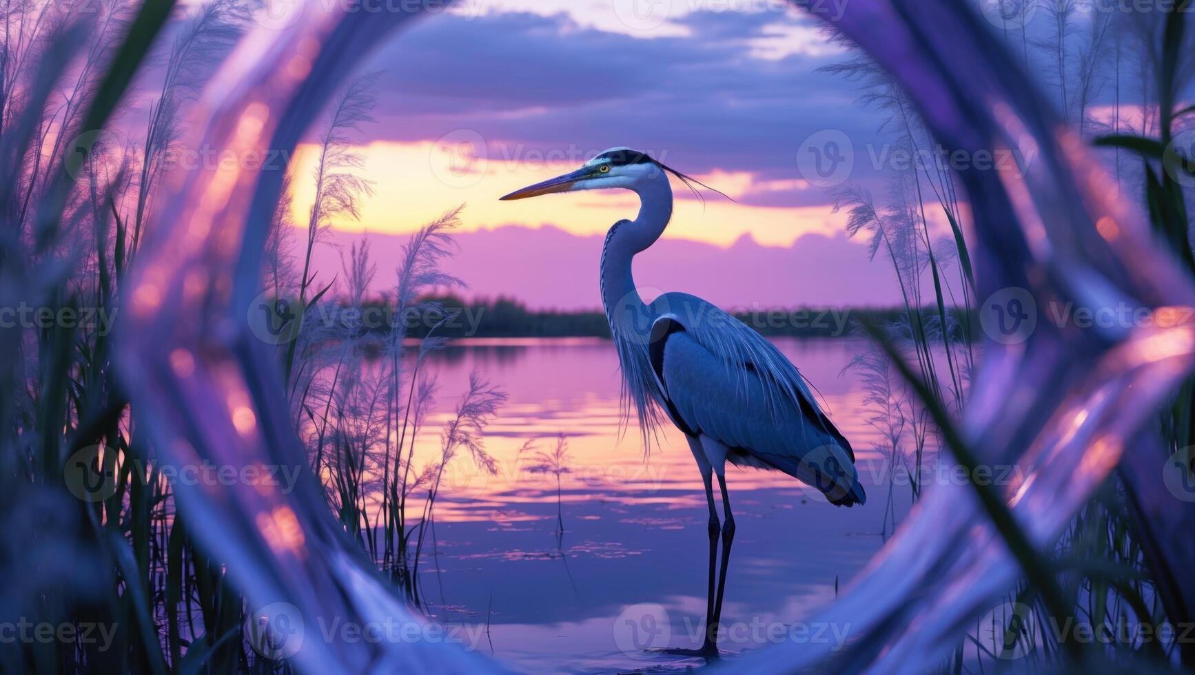 Elegant heron standing by tranquil waters at sunset, framed by reeds and a colorful sky photo
