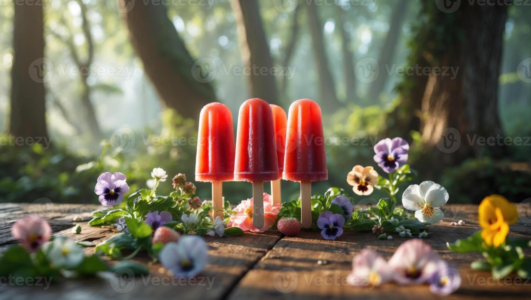 Colorful popsicles arranged on a wooden table surrounded by vibrant flowers in a serene forest photo