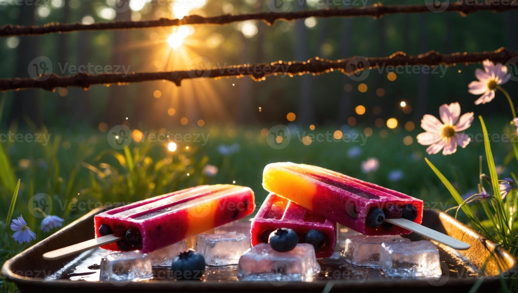 Colorful frozen fruit popsicles on ice in a sunlit grassy field with flowers and sunlight filtering through trees photo