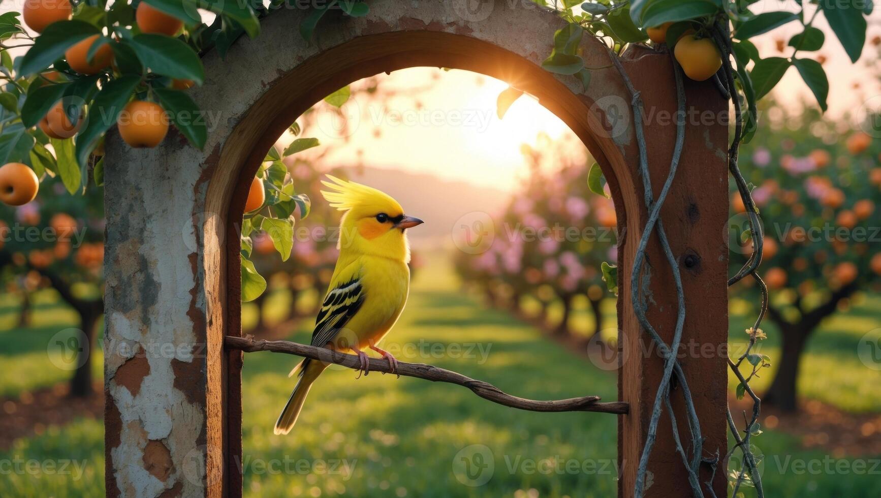 Vibrant yellow bird perched on a branch in a sunlit orchard, surrounded by blooming trees and fruit photo