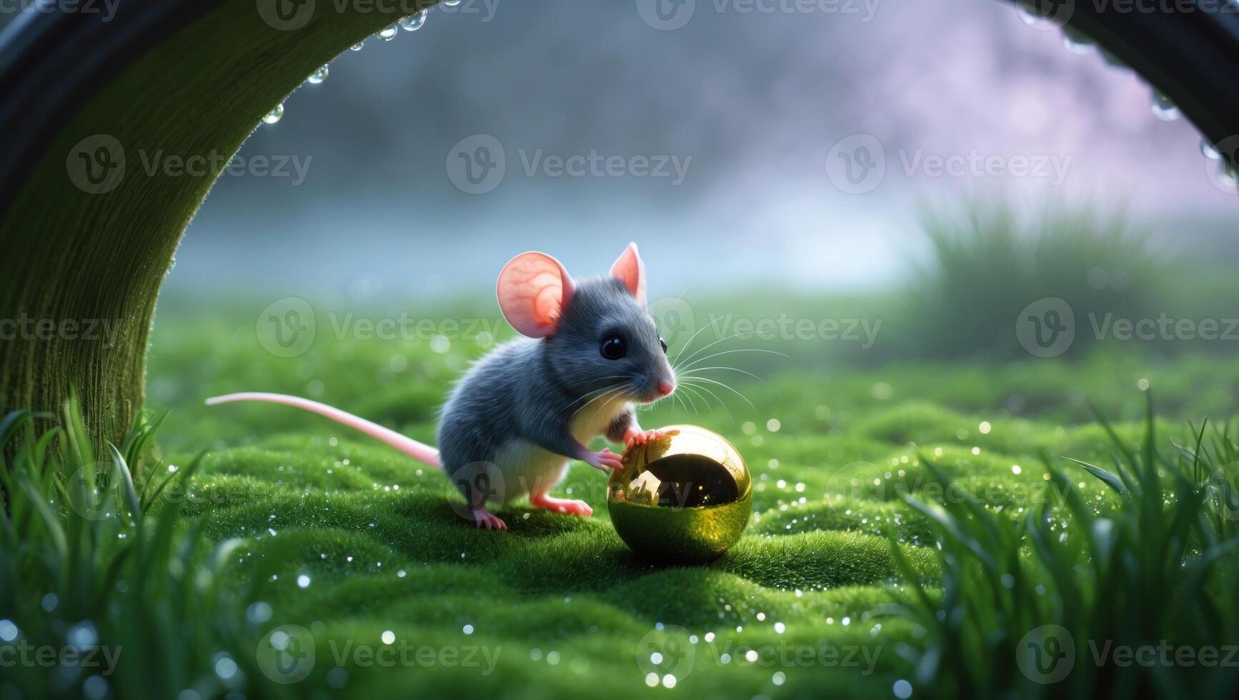 A small mouse holding a golden egg in a lush green field, with soft light and mist in the background photo