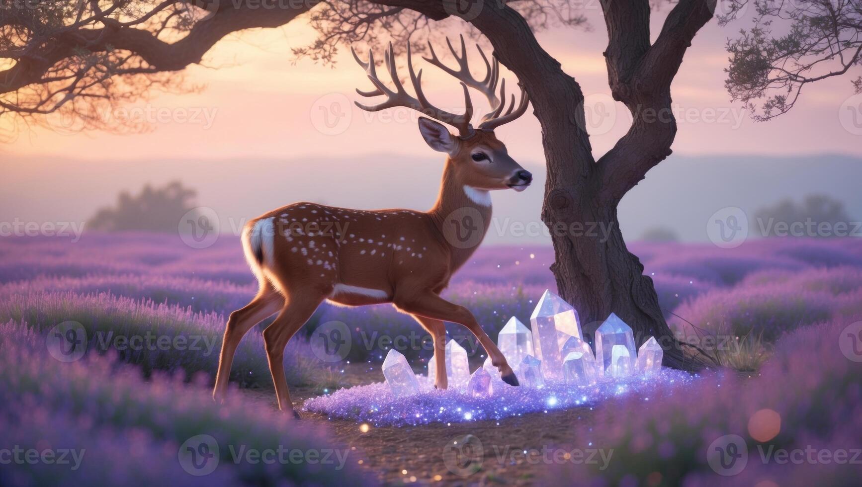 Majestic deer gracefully walks through a lavender field, surrounded by sparkling crystals at sunset photo