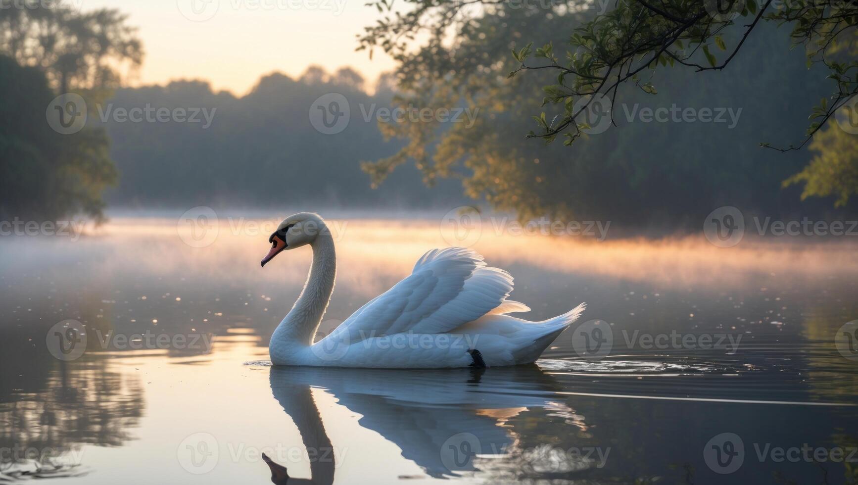 Serene swan gliding on tranquil lake at dawn, mist rising, surrounded by lush greenery and soft light photo