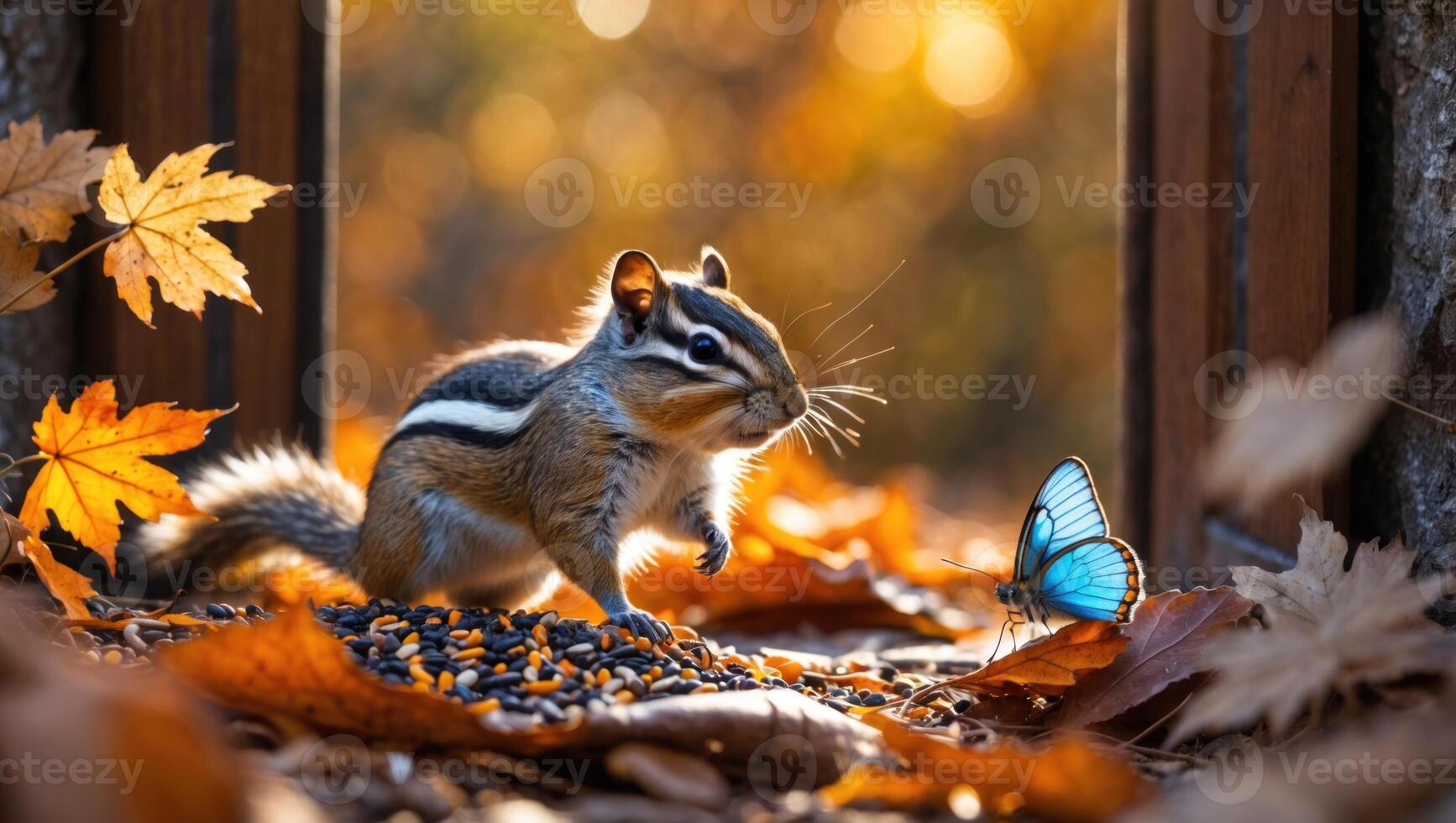 A chipmunk curiously approaches a vibrant blue butterfly amidst colorful autumn leaves in a serene forest photo