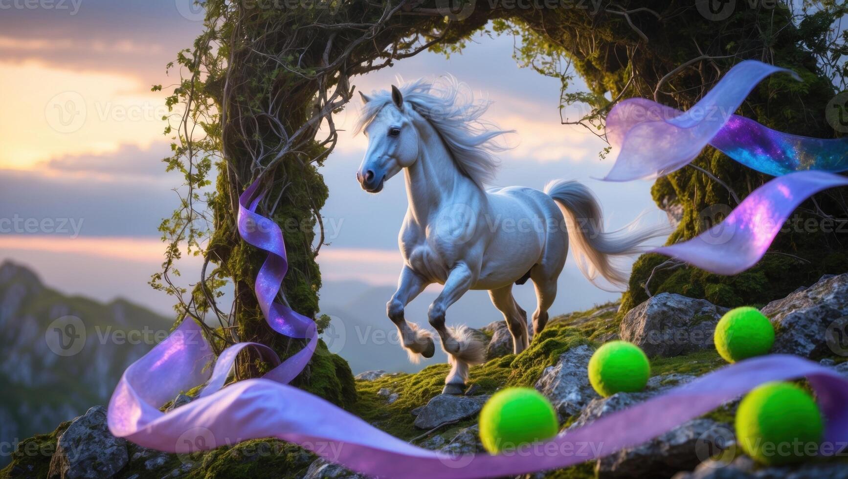 Majestic white horse galloping through a mystical arch adorned with ribbons and surrounded by vibrant green balls at sunset photo